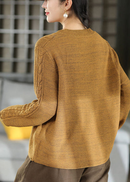 French Yellow V Neck Warm Knit Loose Sweaters Winter