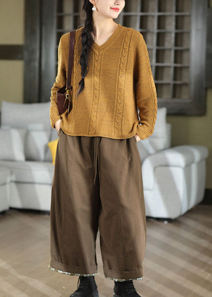 French Yellow V Neck Warm Knit Loose Sweaters Winter
