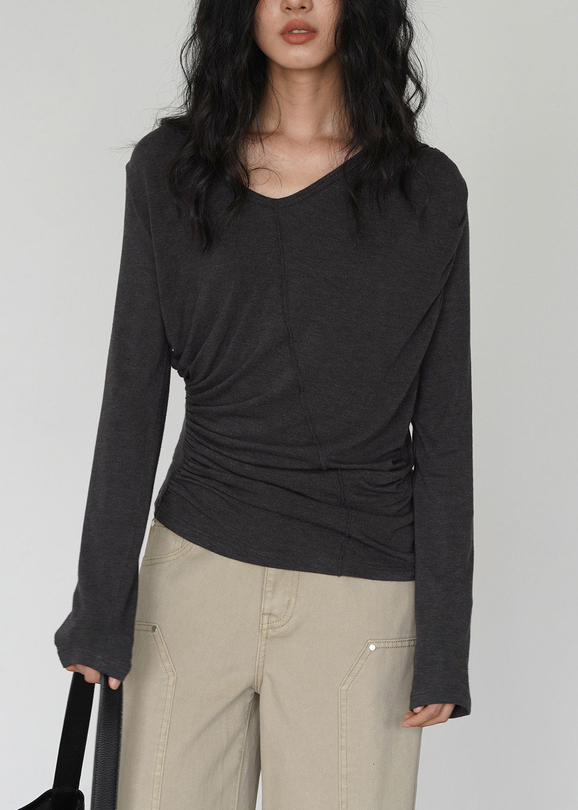French Yellow V Neck Wrinkled Cotton Tops Spring