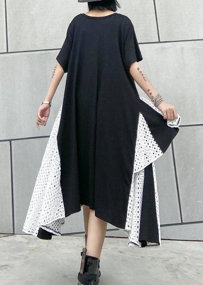 French asymmetric o neck cotton clothes pattern black cotton robes Dresses - SooLinen