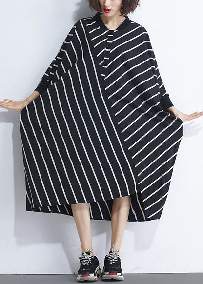 French asymmetric patchwork cotton dresses Women Sewing black striped cotton Dresses Summer