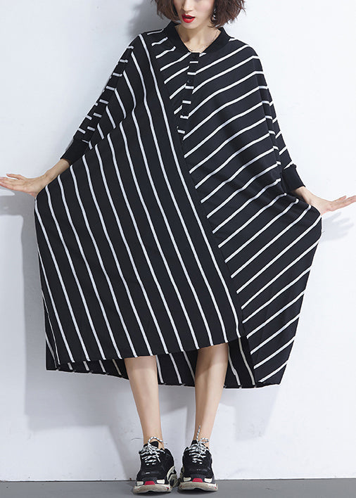 French asymmetric patchwork cotton dresses Women Sewing black striped cotton Dresses Summer