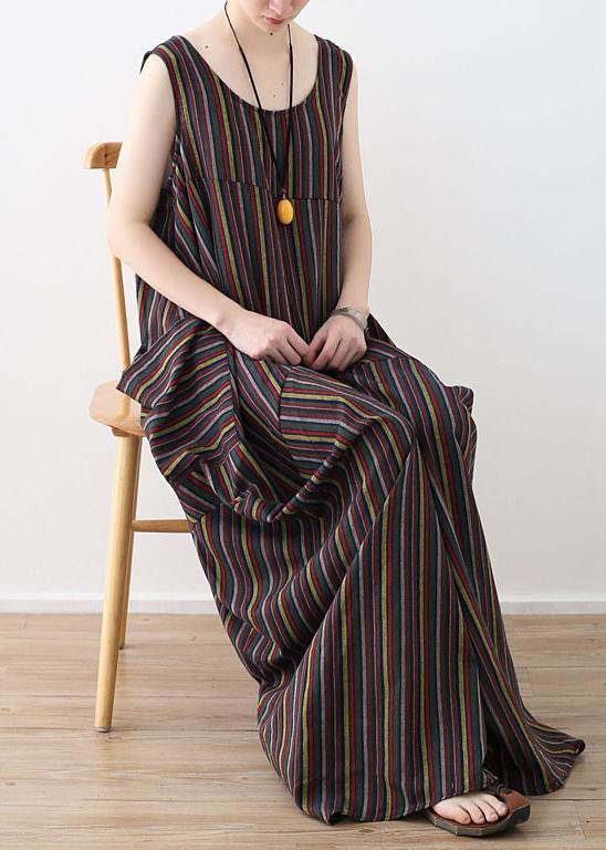 French big pockets cotton dresses yellow green striped Robe Dress summer - SooLinen