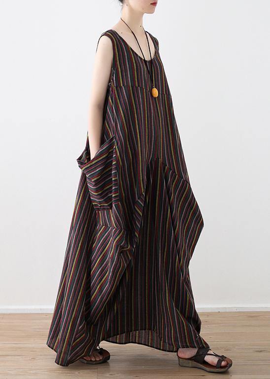 French big pockets cotton dresses yellow green striped Robe Dress summer - SooLinen