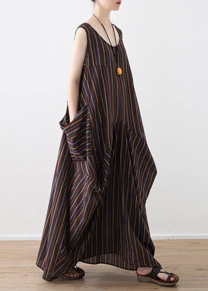 French big pockets cotton dresses yellow green striped Robe Dress summer - SooLinen