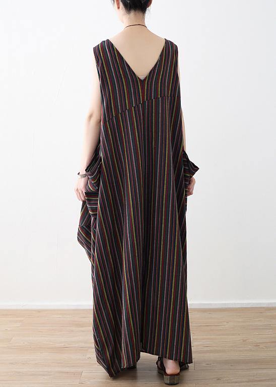 French big pockets cotton dresses yellow green striped Robe Dress summer - SooLinen