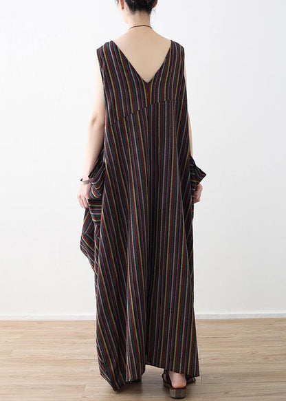 French big pockets cotton dresses yellow green striped Robe Dress summer - SooLinen