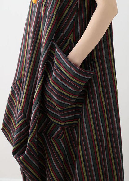 French big pockets cotton dresses yellow green striped Robe Dress summer - SooLinen