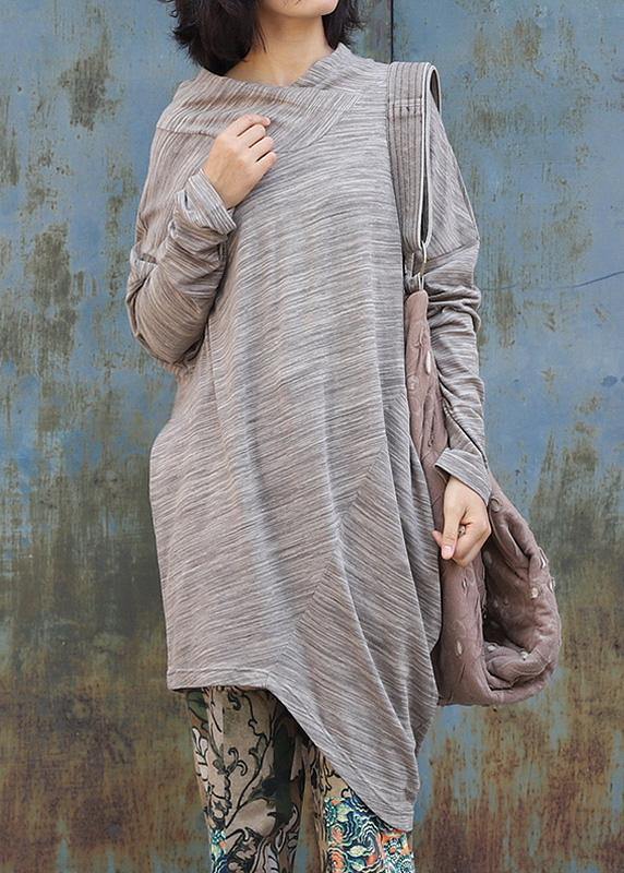French bige Cotton tunic dressasymmetric tunic long sleeve Dresses - SooLinen
