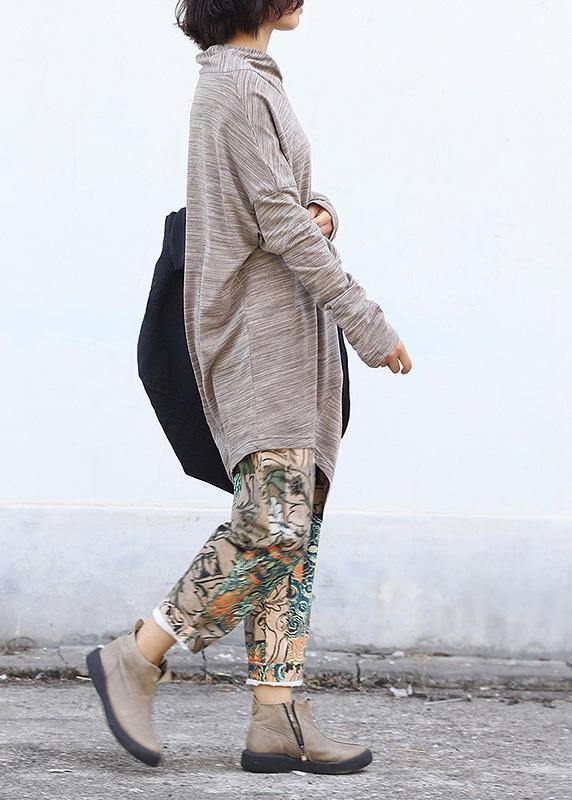 French bige Cotton tunic dressasymmetric tunic long sleeve Dresses - SooLinen