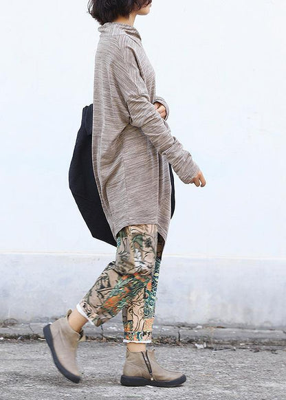 French bige Cotton tunic dressasymmetric tunic long sleeve Dresses - SooLinen