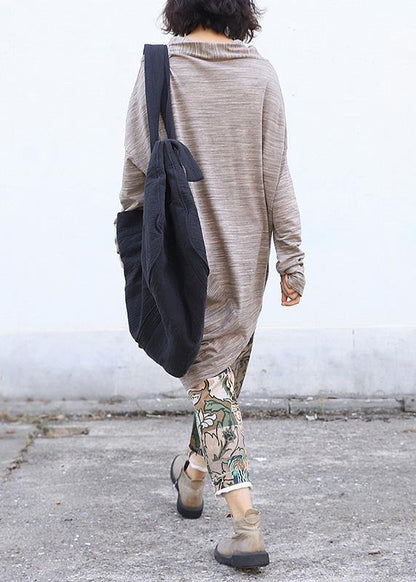 French bige Cotton tunic dressasymmetric tunic long sleeve Dresses - SooLinen