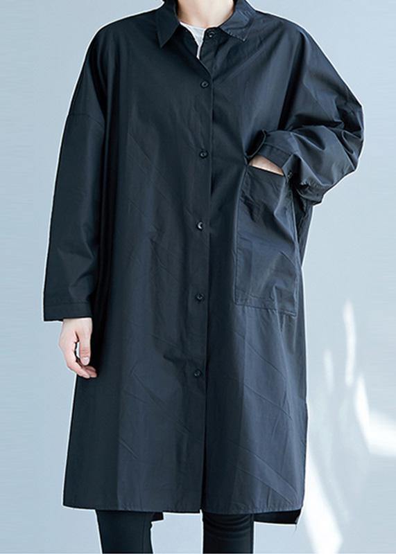 French black Cotton clothes side open Knee fall shirt Dress - SooLinen
