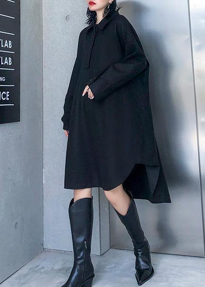 French black Cotton tunic pattern low high design loose POLO collar Dress - SooLinen