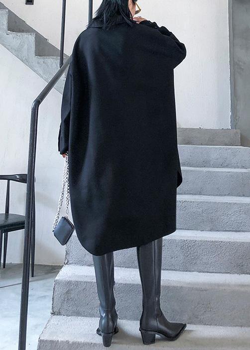 French black Cotton tunic pattern low high design loose POLO collar Dress - SooLinen