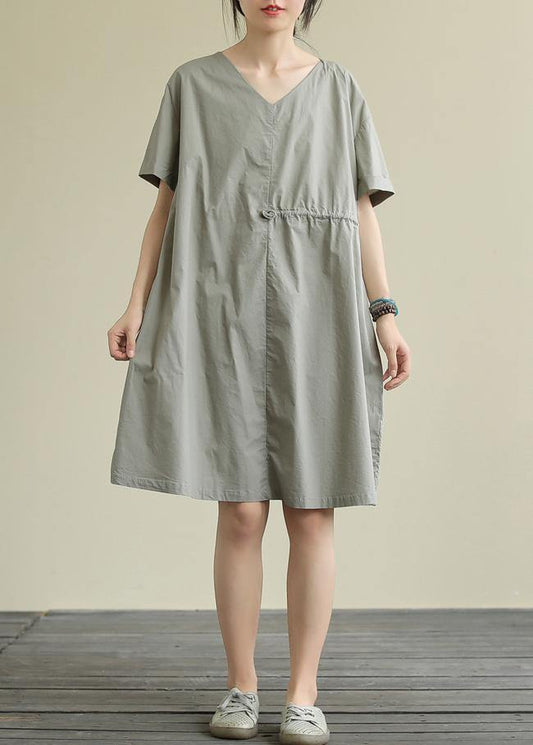 French black Cotton tunic pattern v neck patchwork shift Dress - SooLinen