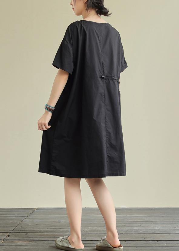 French black Cotton tunic pattern v neck patchwork shift Dress - SooLinen