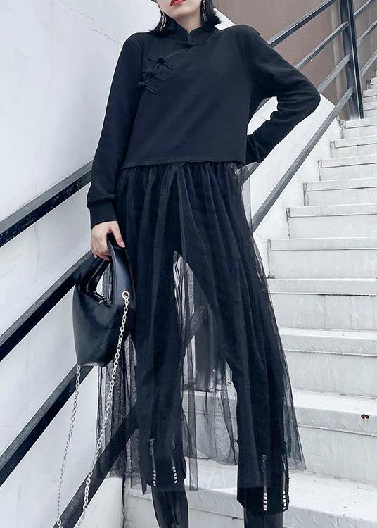 French black Tunics stand collar patchwork tulle spring Dresses - SooLinen