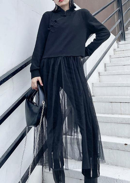 French black Tunics stand collar patchwork tulle spring Dresses - SooLinen