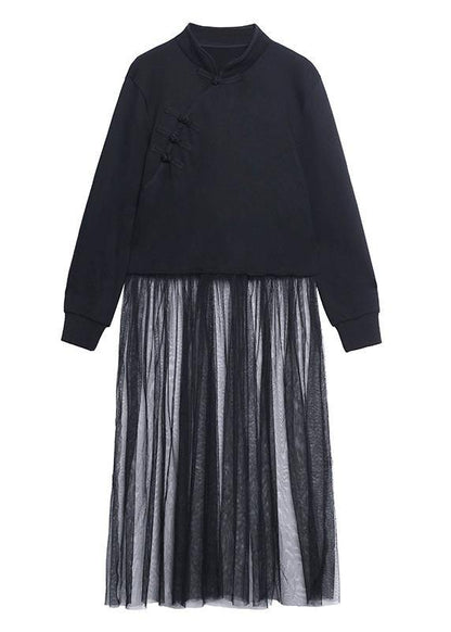 French black Tunics stand collar patchwork tulle spring Dresses - SooLinen