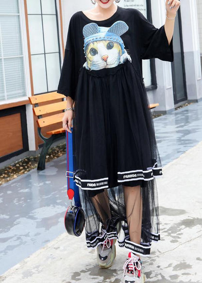 French black cotton Long Shirts patchwork tulle Plus Size  summer Dresses - SooLinen