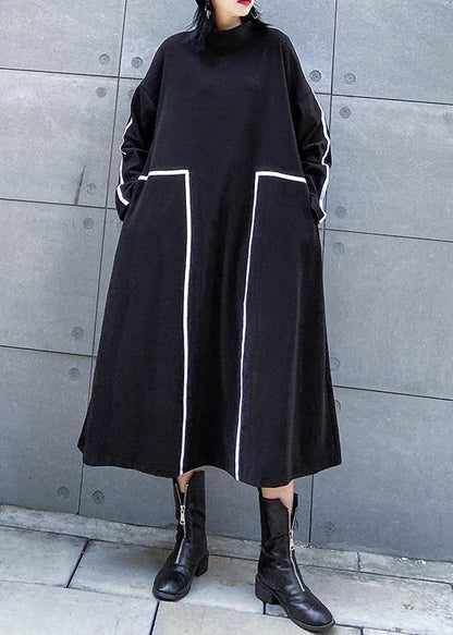 French black cotton Tunics patchwork color cotton stand collar Dresses - SooLinen