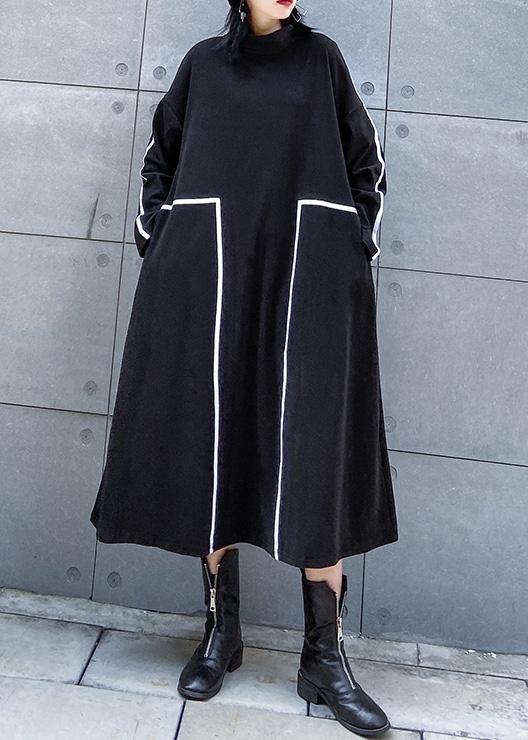 French black cotton Tunics patchwork color cotton stand collar Dresses - SooLinen