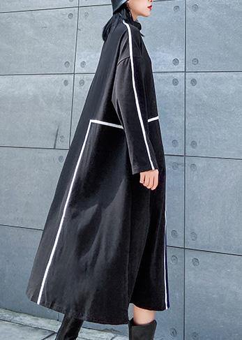 French black cotton Tunics patchwork color cotton stand collar Dresses - SooLinen