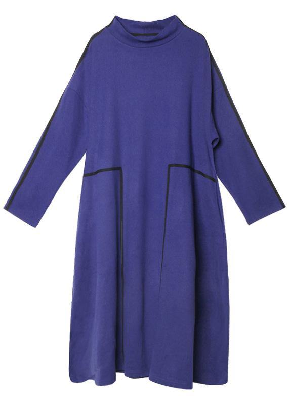 French black cotton Tunics patchwork color cotton stand collar Dresses - SooLinen