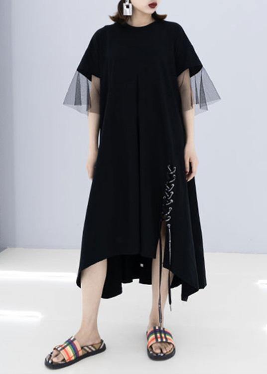 French black cotton Wardrobes side open drawstring cotton robes summer Dresses - SooLinen