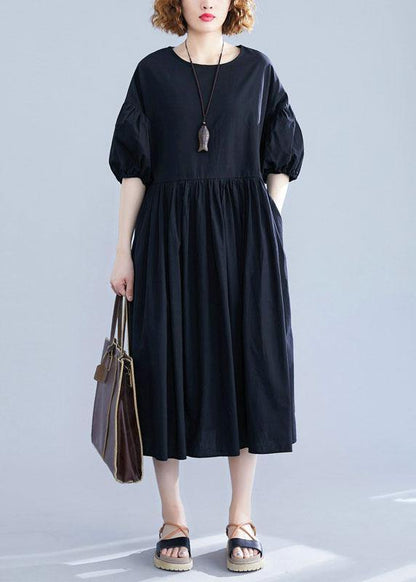 French black cotton dresses lantern sleeve Robe summer Dress - SooLinen