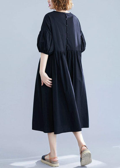 French black cotton dresses lantern sleeve Robe summer Dress - SooLinen