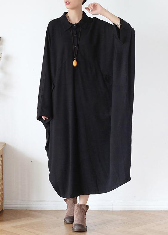 French black cotton dresses lapel patchwork fall Dress - SooLinen