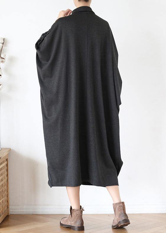 French black cotton dresses lapel patchwork fall Dress - SooLinen