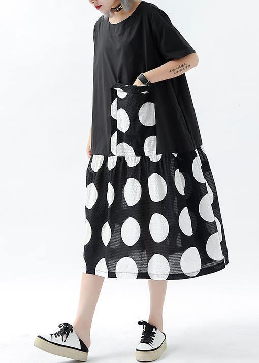 French black dotted linen cotton tunic top patchwork pockets Plus Size Clothing summer Dress - SooLinen