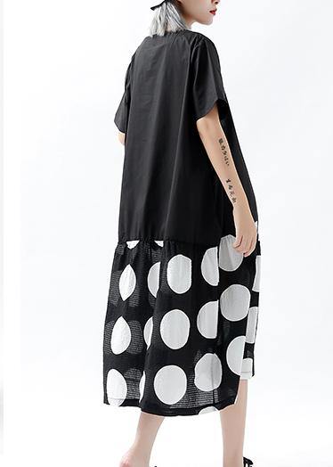 French black dotted linen cotton tunic top patchwork pockets Plus Size Clothing summer Dress - SooLinen