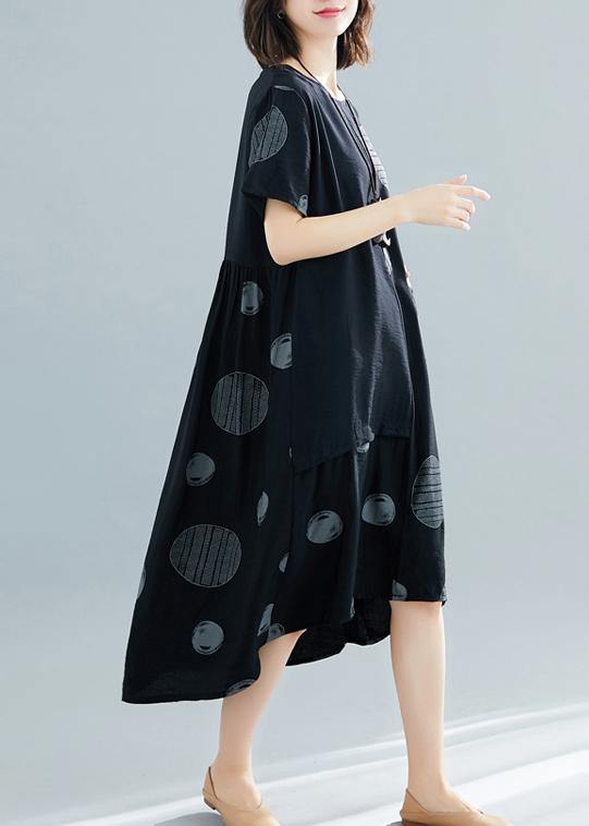 French black dotted o neck asymmetric cotton robes summer Dress - SooLinen