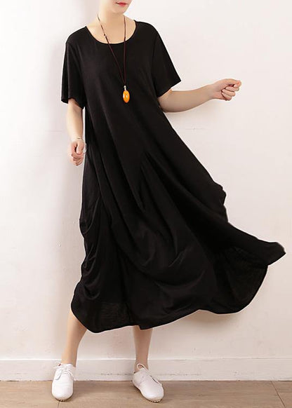 French black linen quilting dresses Fitted Sleeve big hem A Line summer Dress - SooLinen