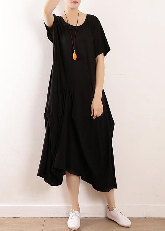 French black linen quilting dresses Fitted Sleeve big hem A Line summer Dress - SooLinen