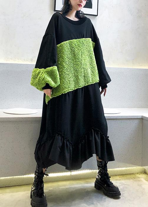 French black patchwork cotton tunic top ruffles long winter Dress - SooLinen