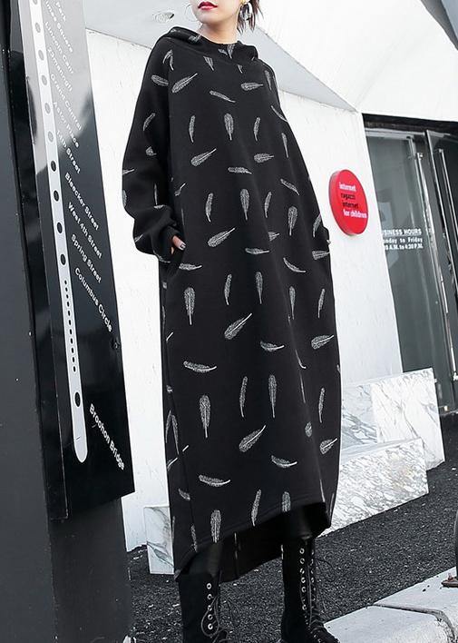 French black print cotton clothes Women hooded pockets A Line Dress - SooLinen