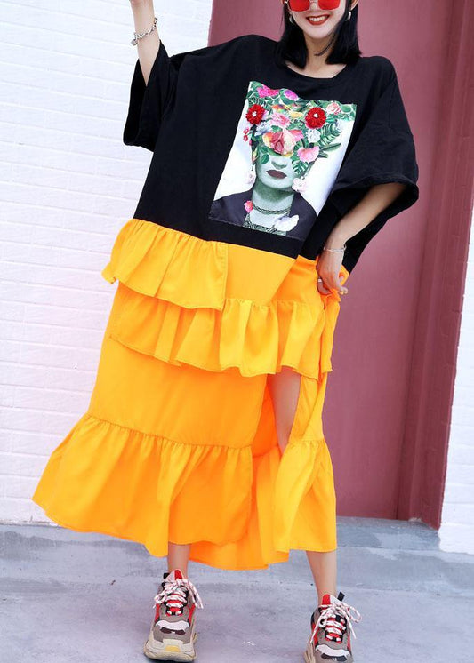 French black prints cotton clothes Women asymmetric hem ruffles loose summer Dress - SooLinen