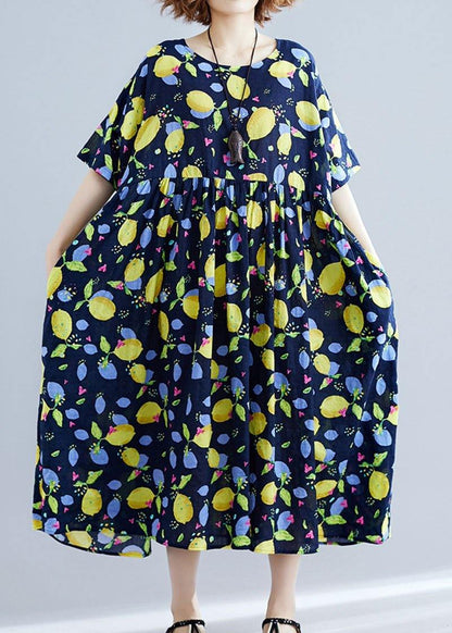 French black prints linen outfit high waist Art summer Dress - SooLinen