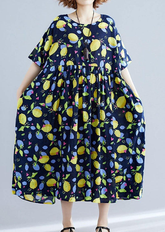 French black prints linen outfit high waist Art summer Dress - SooLinen