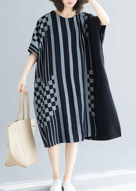 French black striped Cotton dresses o neck asymmetric Art summer Dress - SooLinen