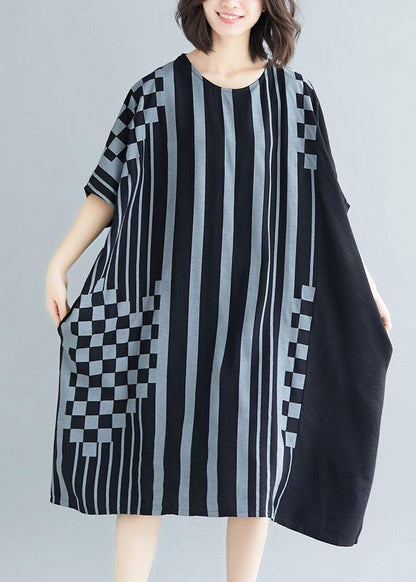 French black striped Cotton dresses o neck asymmetric Art summer Dress - SooLinen