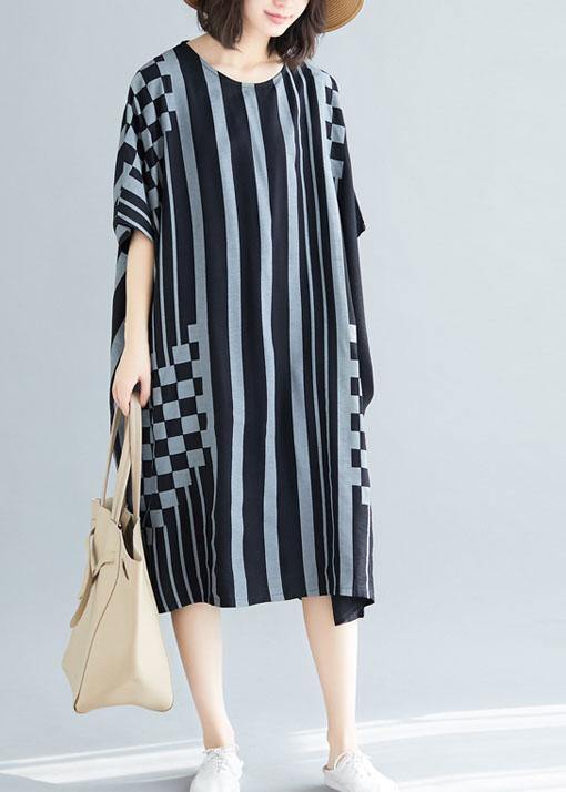French black striped Cotton dresses o neck asymmetric Art summer Dress - SooLinen