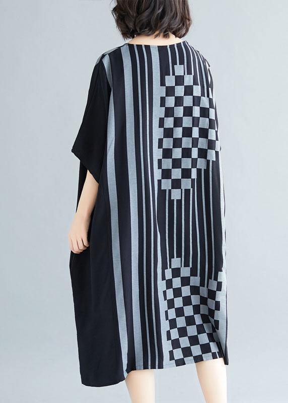 French black striped Cotton dresses o neck asymmetric Art summer Dress - SooLinen