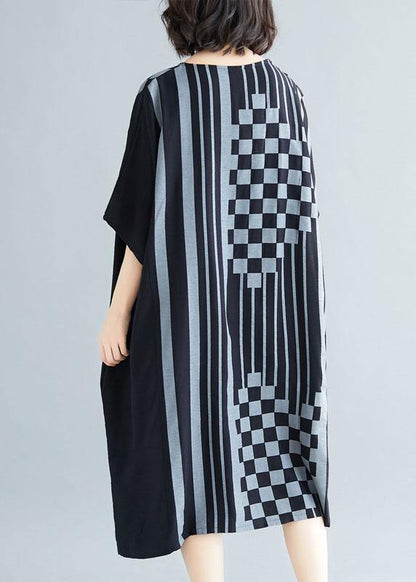 French black striped Cotton dresses o neck asymmetric Art summer Dress - SooLinen