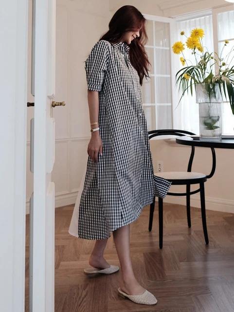 French black white plaid Cotton clothes lapel low high design cotton Dress - SooLinen